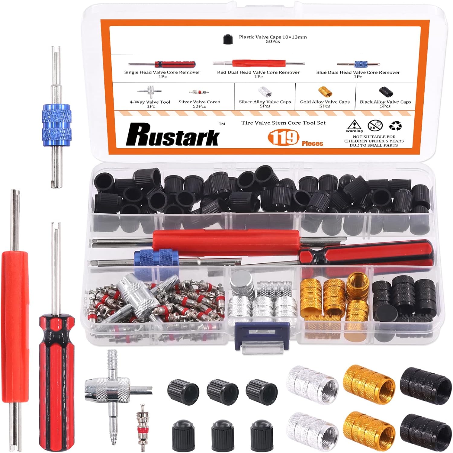 119Pcs Valve Core Remover Tools With Aluminum Tire Valve Stem Caps, Valve Core, Dual Single Head Valve Core Remover And 4-Way Valve Tool Kit For