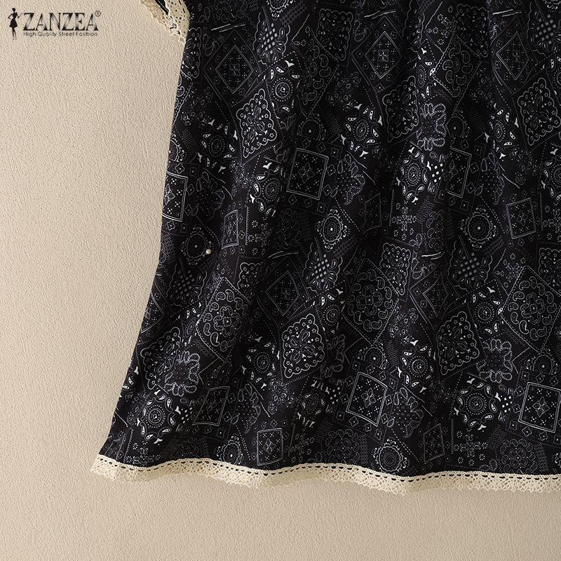 ZANZEA Women Ethnic Print Summer Casual Round Neck Short Sleeve Blouse