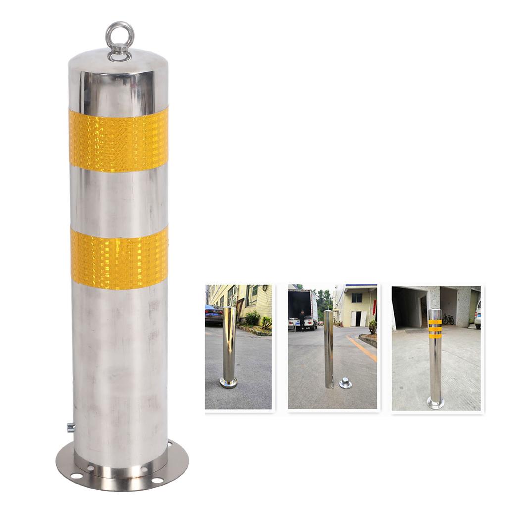 Safety Bollard Post Stainless Steel 55cm Parking Pile Barrier with Yellow Reflective Strip for Road