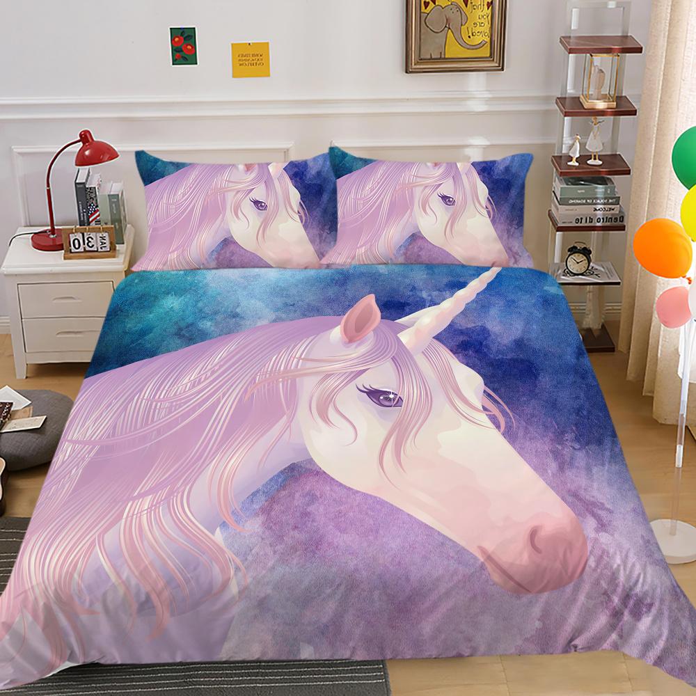2023 Neuer Stil Bettwäsche-Set 3D Einhorn-Druck Bettdecke Bettzeug Zuhause Dreiteilig Warm Polyester Kissenbezug Bettbezug