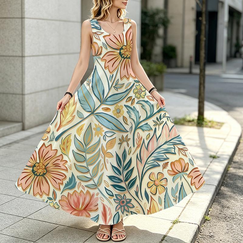 Women's Sleeveless Floral Print Maxi Dress Flowy & Comfortable,Versatile for Beach,Daily Street,Vacation,Spring & Fall Layering