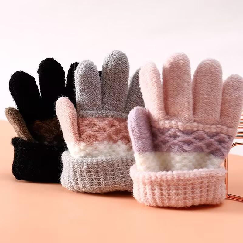 1 Pair Winter Warm Kids Gloves Cute Striped Split-Finger Knitted Gloves for Boys and Girls 3-8 Years