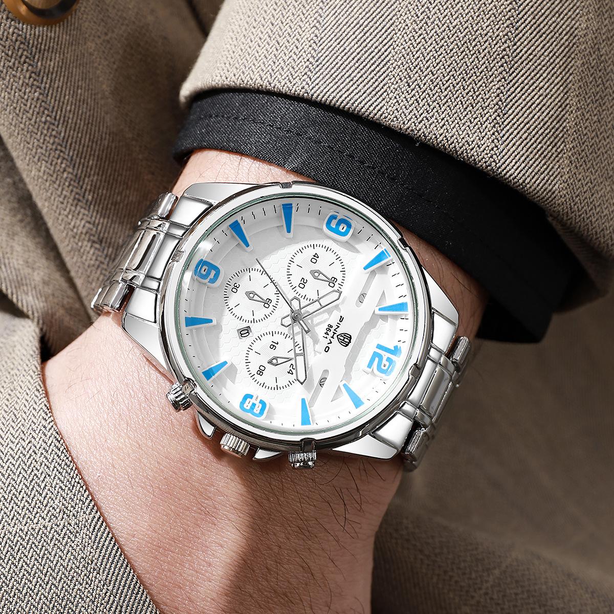 Men S Watch Fake Three-Eye Steel Belt Set Non-Mechanical Large Dial Business Waterproof Quartz Watch