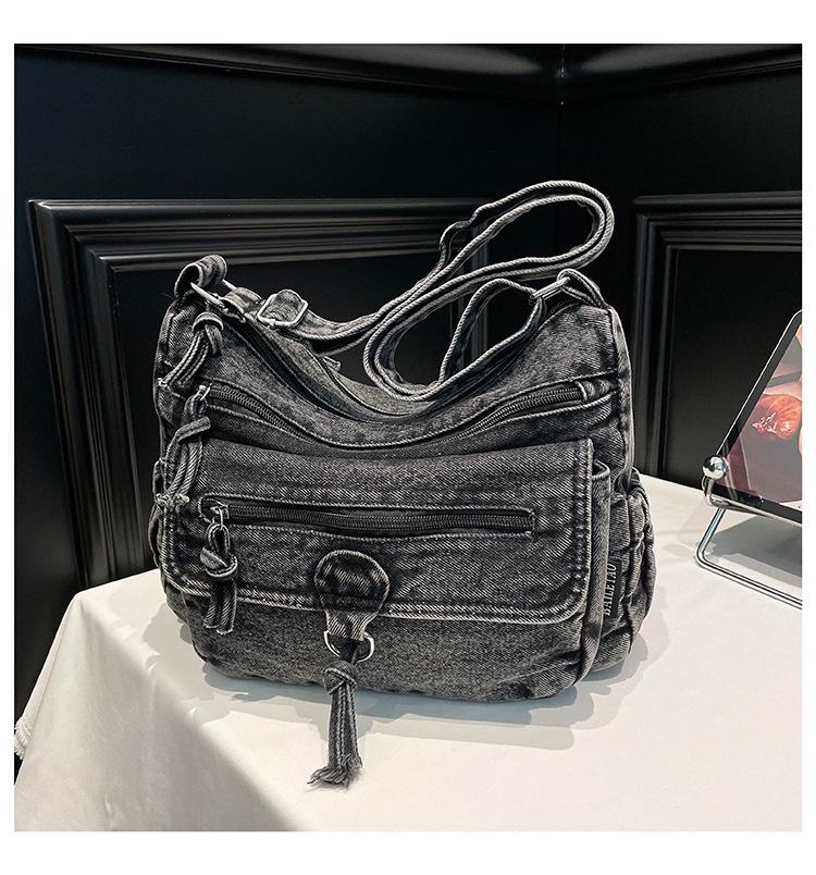 Hong Kong Retro Denim Crossbody Bag for Women - Versatile, Large Capacity, Casual Commuter Style чёрный