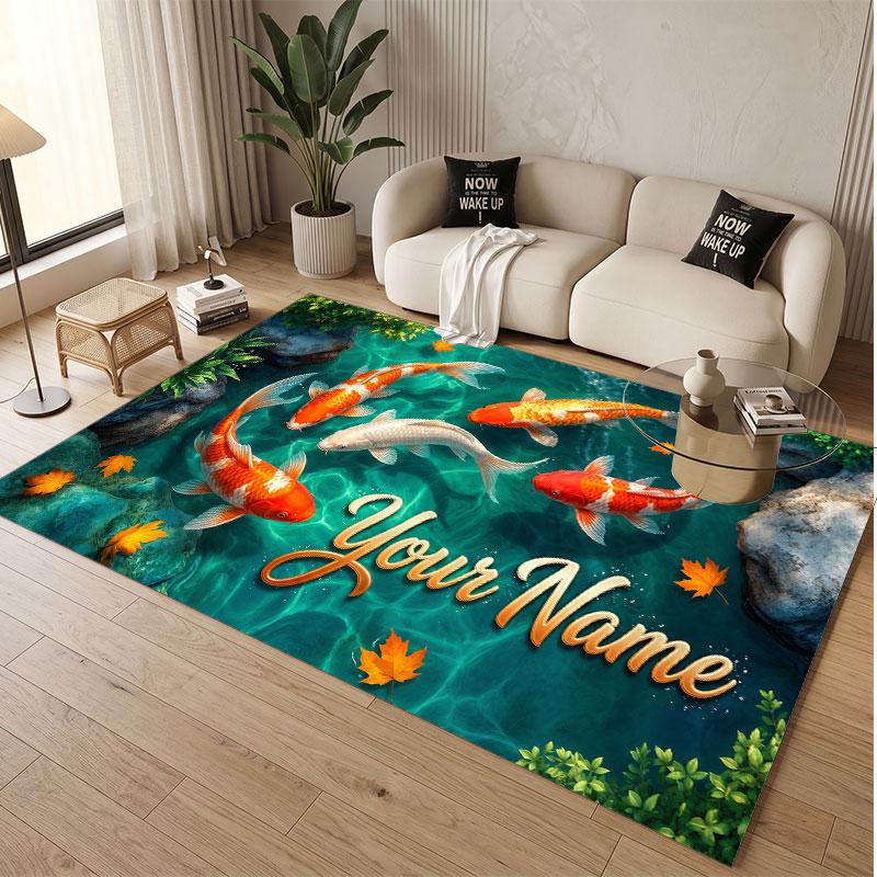 Koi Fish Theme Soft Crystal Velvet Rug Custom Name & Text Print Non Slip Floor Rug for Bedroom Living Room