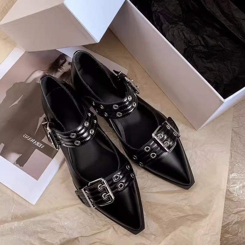 Niche design trendy cool black pointed Mary Jane single shoes women's shoes spring 2025 French thick heel small leather shoes