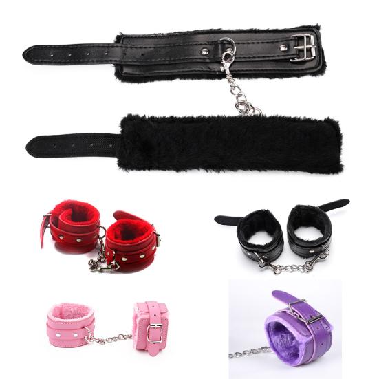 Couple Bondage Faux Leather Plush Cuffs Chain Adult Sex Game Restraint Handcuffs