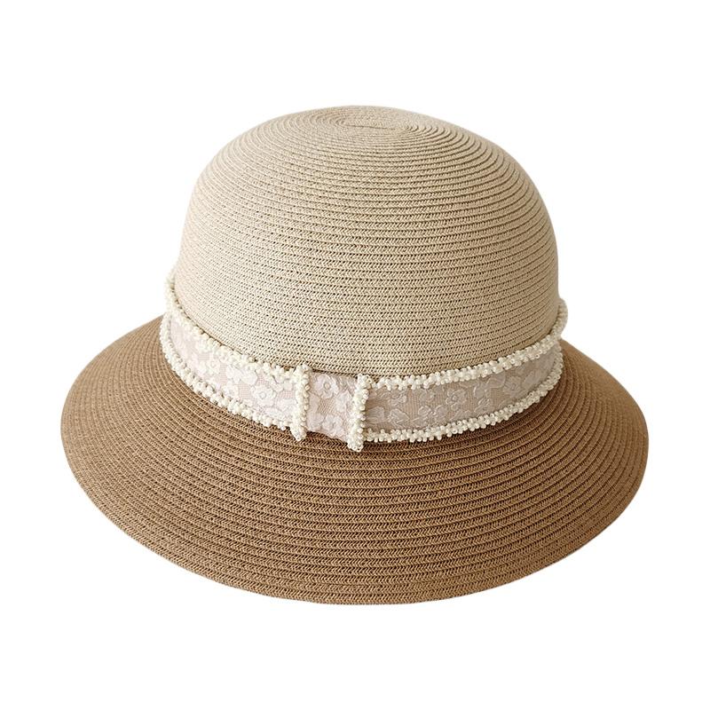 Elegant splicing top hat straw bucket hat women's summer seaside vacation sun protection UV shade straw hat