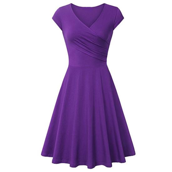 Fashion Women Solid Color V Neck Short Sleeve Plated Swing Party Banquet Dress