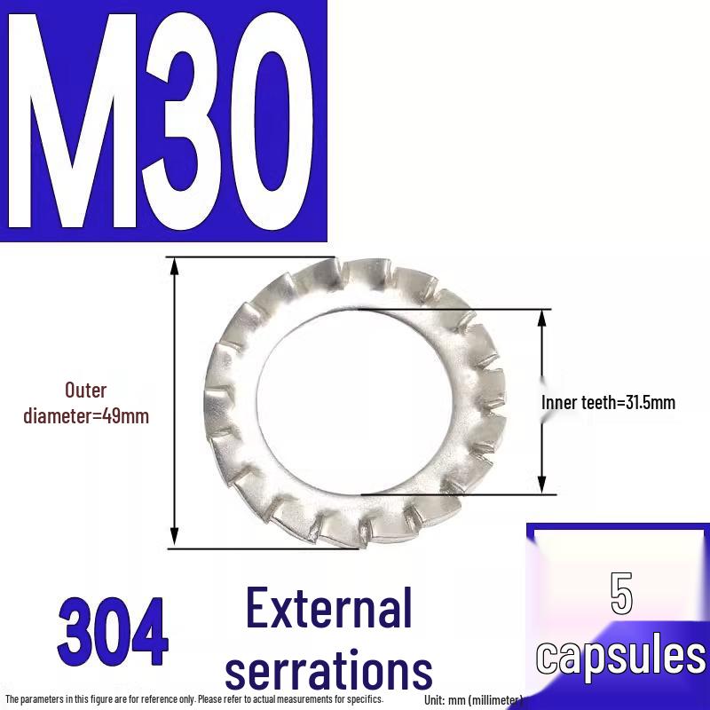 304 Stainless Steel External & Internal Tooth Lock Washer, Anti-Slip, Anti-Loosening, Size M6-M30