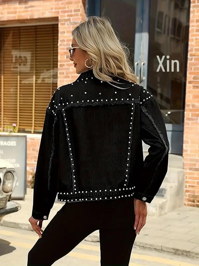 HME Europäischer Stil Damen High Street Nieten Jeansjacke