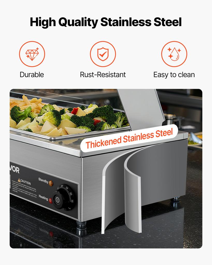 VEVOR Commercial Food Warmer, 1500W Electric Stainless Steel Steam Food Warmer with Glass Cover