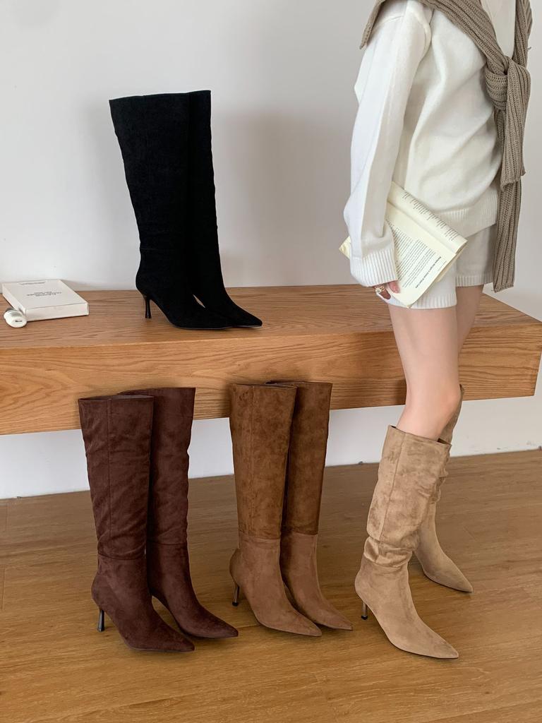 Pointed high-heeled over-the-knee boots women's 2025 new autumn French khaki fine-heeled pleated stacked boots knight boots
