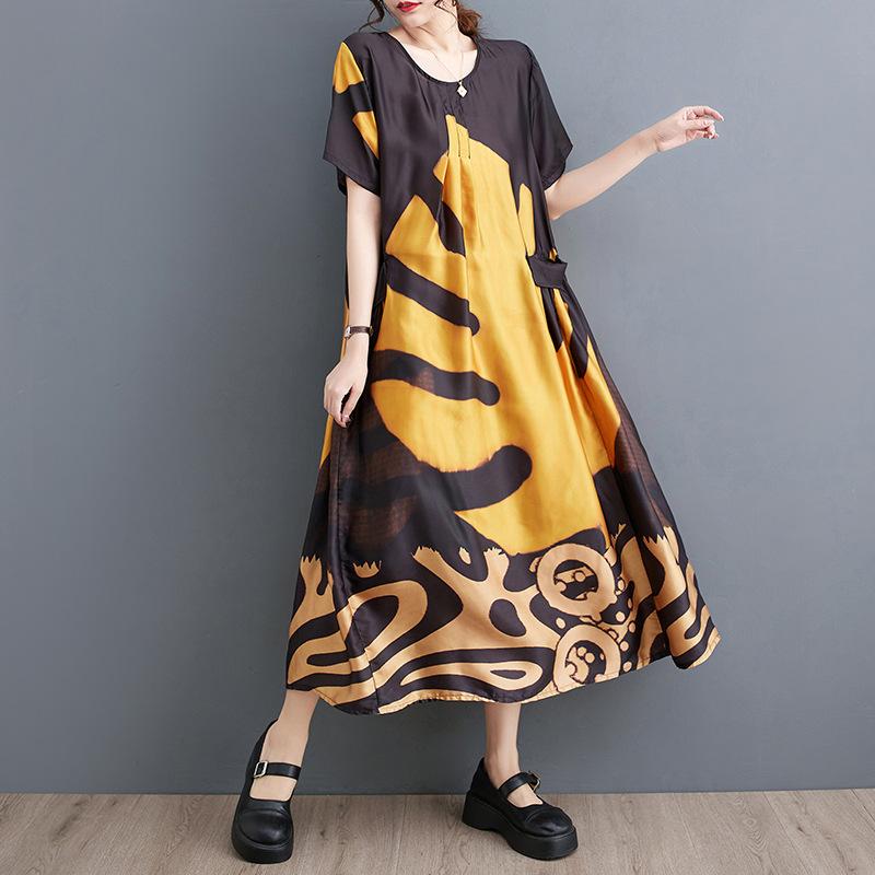 Dámske šaty nadmernej veľkosti, nový letný štýl, vzorovaná potlač, šaty s okrúhlym výstrihom, kvetinové, voľné šaty, základné šaty one size žltá