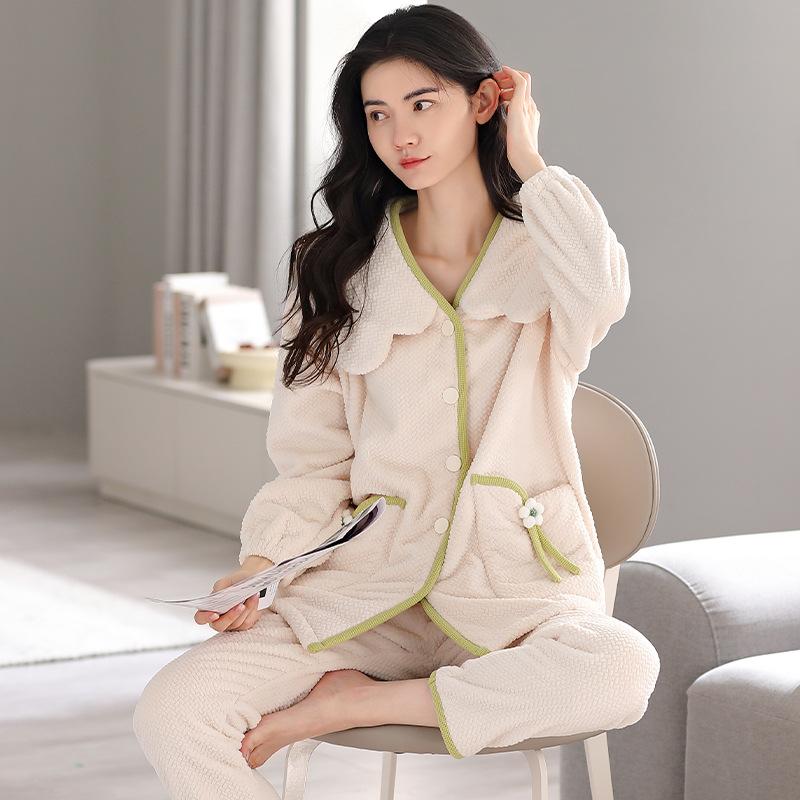Autumn and winter pajamas women's coral fleece fleece warm simple casual carved flannel outerwear loungewear suit winter