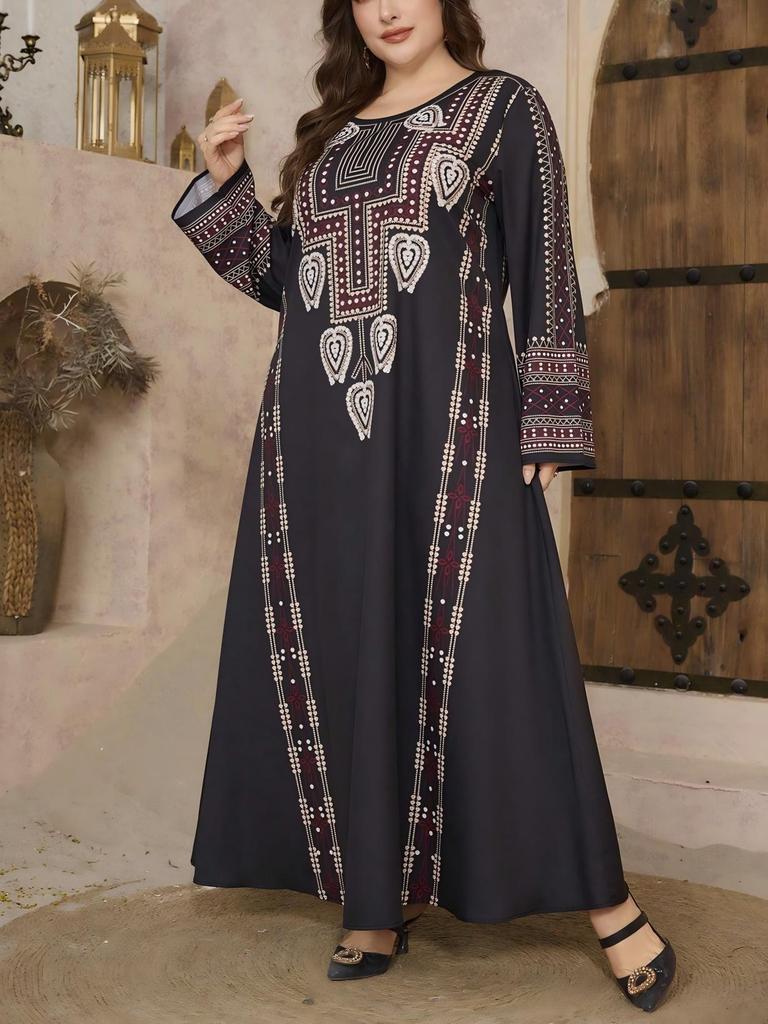 Middle Eastern Ethnic Style Navy Blue Plus Size Long Dress with Long Sleeves