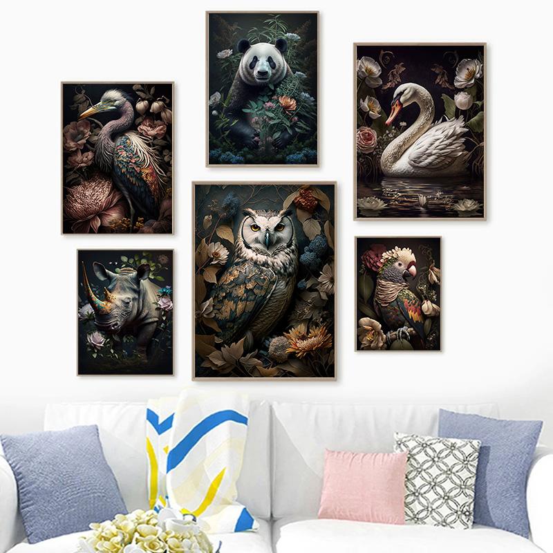 Vintage Animals In Jungle Flowers Canvas Painting Poster Print Peacock Toucan Parrot Elephant Monkey Wall Art Room Home Decor