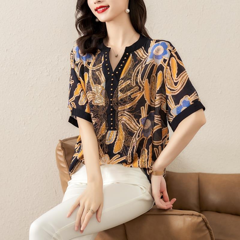 Summer V-neck Vintage Printed Loose Casual Diamons Shirt Women Oversized All-match Fashion Pullover Blouse Lady Short Sleeve Top