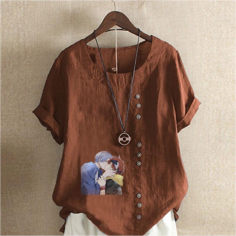 Moda Donna Maglietta Manica Corta Girocollo Stampata Coppia Carina Casual Cotone Lino Maglietta Grafica Tempo Libero Ampia Blusa Estiva Top