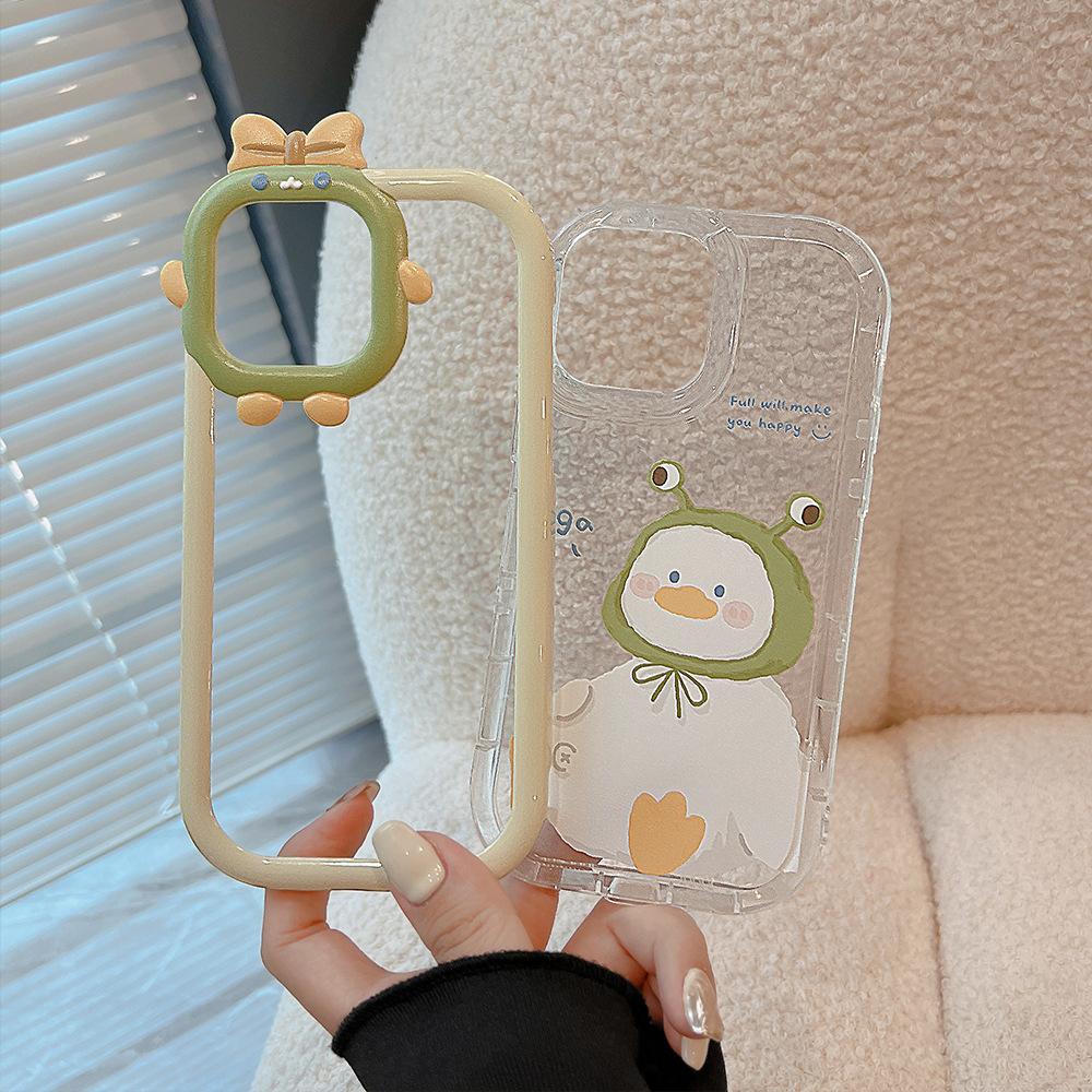 Cute Happy Duck Cartoon 3d 2 In 1 Shockproof Phone Case For Iphone 12 13 14 Pro Max Plus 11 Promax Ins Smiley Back Cover Capa