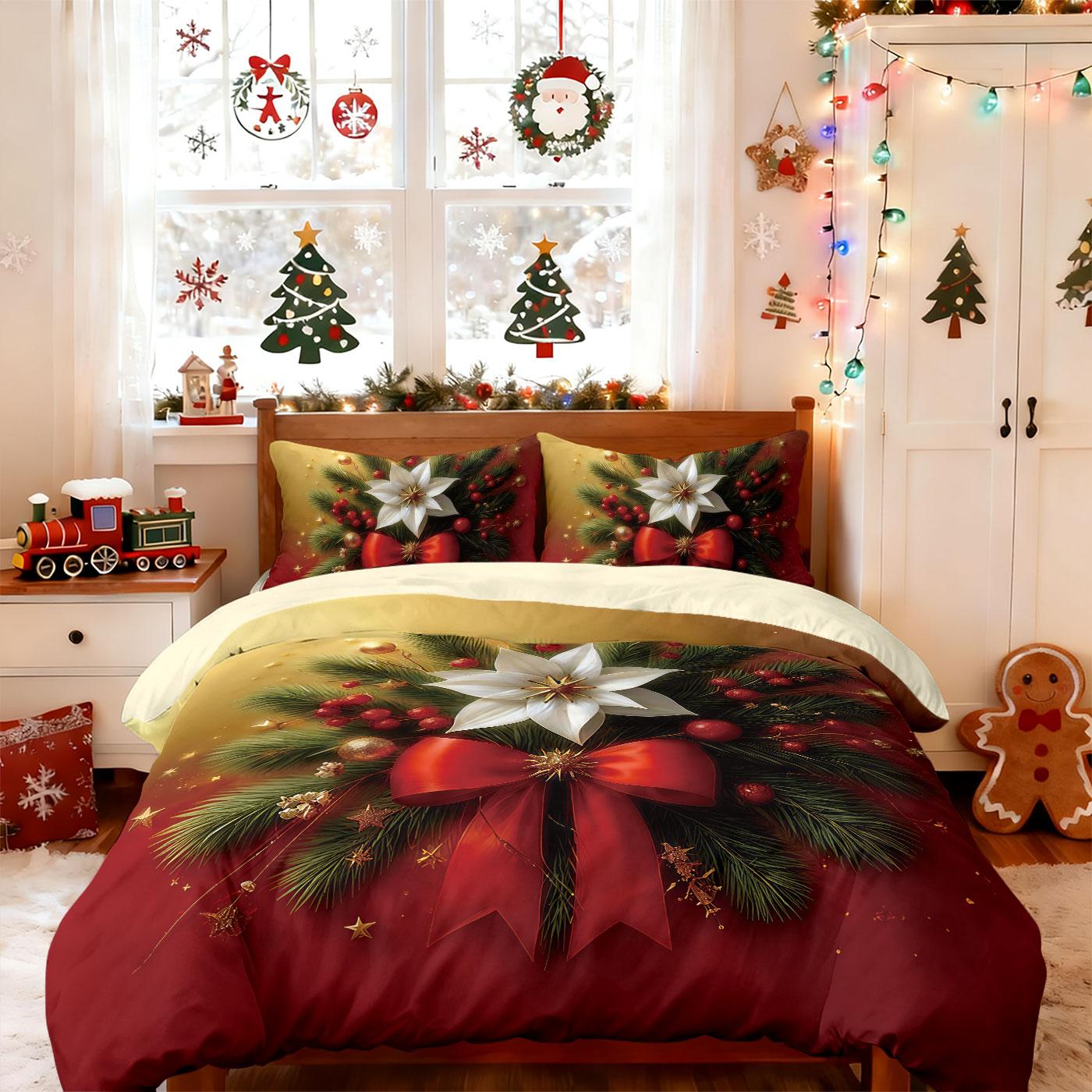 

3pcs Christmas red floral print coreless duvet cover set multi size bedroom bedding holiday decoration soft machine washable 135x200cm-EU-Single&set