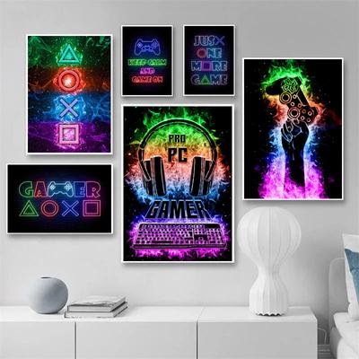 Neon-Gamer mit Stift, Headset, Tastatur, Leinwand, Gemälde, Poster, Drucker, Spielkonsole, Wandbild für Jungenzimmer,