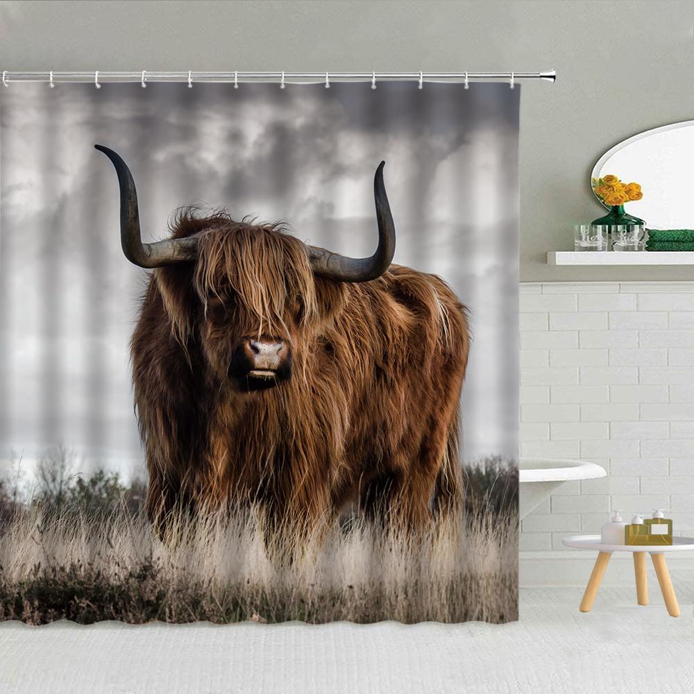 Cute Cow Bull Shower Curtain with Hooks Modern Fashion Funny Western Farm Animal Bathroom Curtain Polyester Bath Screen