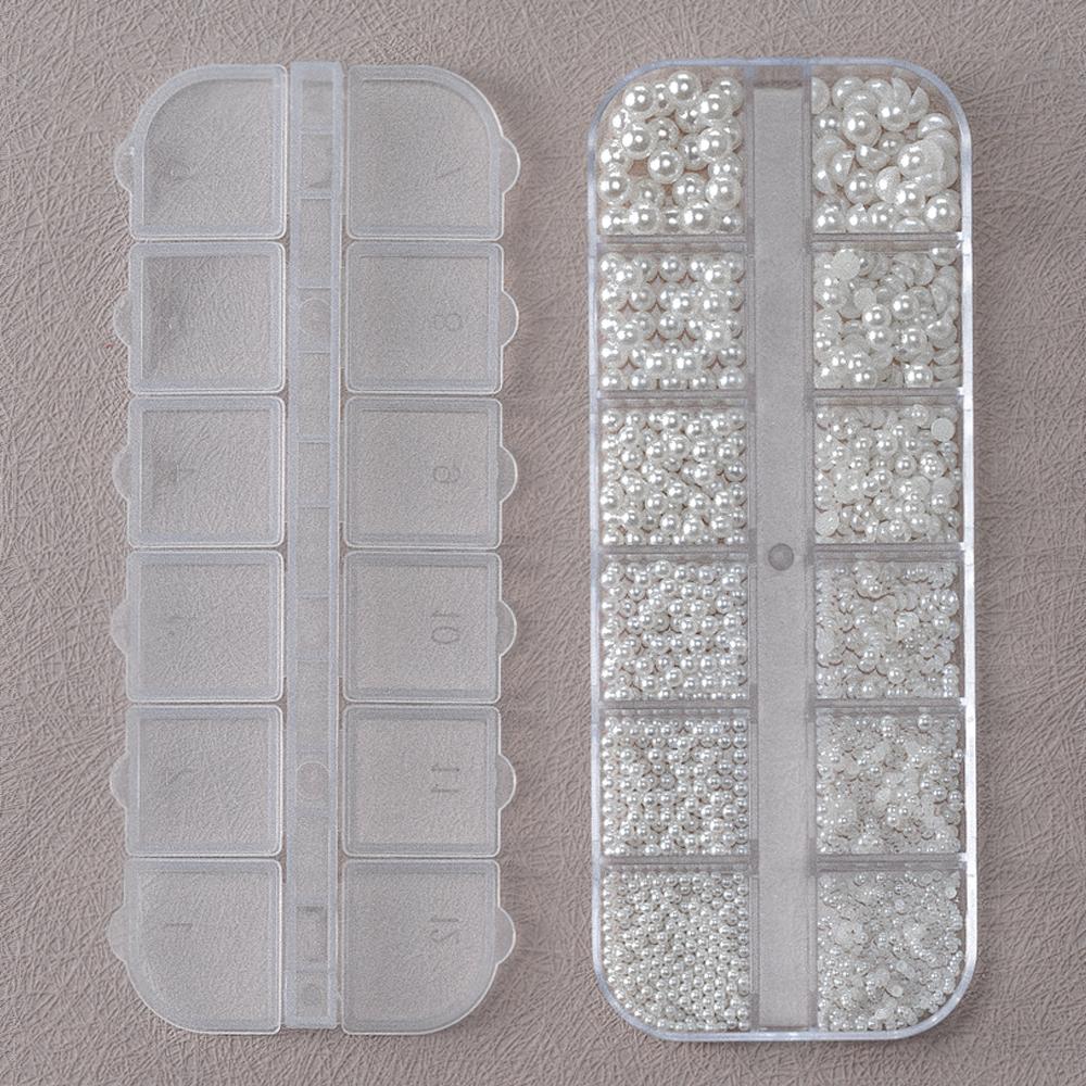 12Grids 3D Mixed White Pearls Nail Charms 0.15-0.5mm Round/Semicircle Pearl Beads Nail Art Rhinestones DIY Manicure Accessories