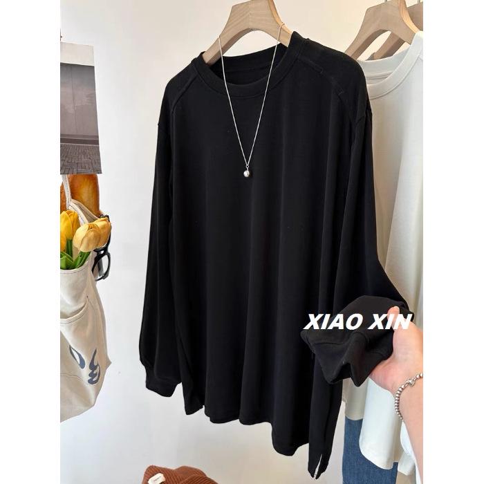 Women s Autumn/Winter Round Neck Long Sleeve German Velvet Casual Top 3XL чёрный
