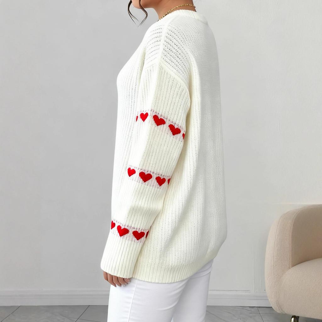 2026 New European and American Large-size Sweater Contrasting Colors Love Embroidery Splicing Cross-border Women's Clothing Casual Pullover Loose