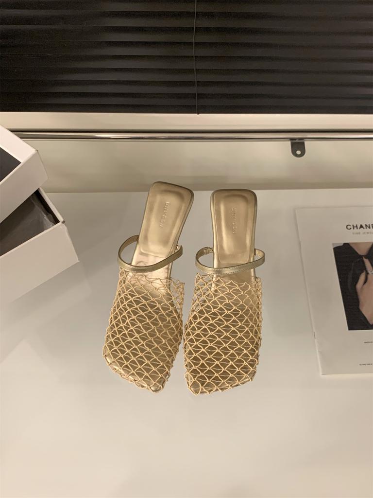 Internet celebrity slope heel mesh bag head half slippers women's shoes wear 2025 new summer breathable sandals