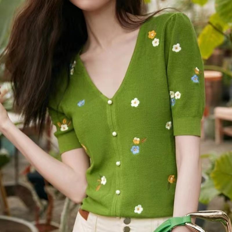 

IHUASU V-образный вырез, трикотаж, короткие рукава, женская летняя модная вышивка, длинные рукава, короткий рукав, нижняя часть футболки XL зелёный