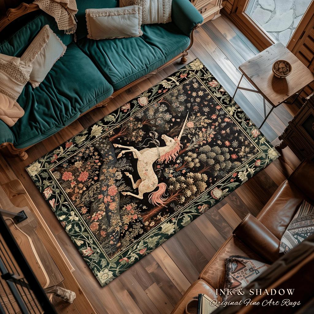 Celestial Unicorn Aesthetic Rug Folklore Aesthetic Room Decor Morris Inspired Cottagecore Cozy Unicorn Area Rug Mystical Bedroom