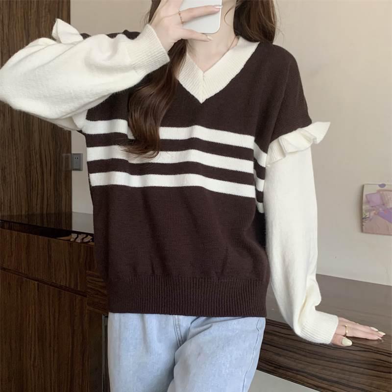 

Женский ретро-полосатый вязаный свитер с V-образным вырезом: Контрастный цвет, свободный крой, длинные рукава, осенне-зимний дизайн. One Size кофейный