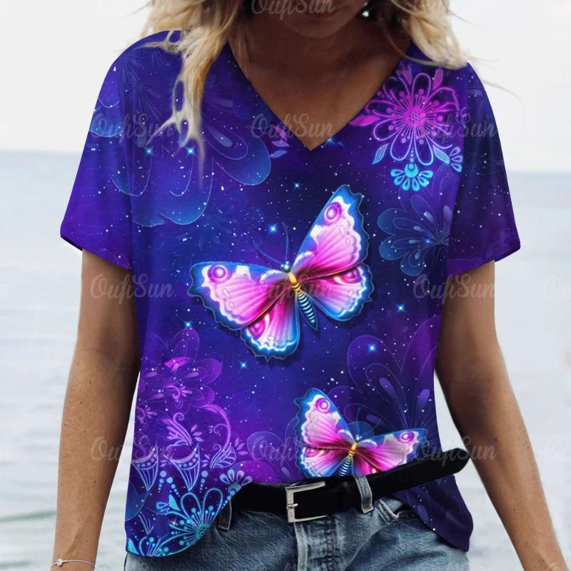 Women's V-Neck Print Beautiful Butterfly Pattern Oversized Women's Blouse Y2K Fashion Women's Breathable T-Shirt
