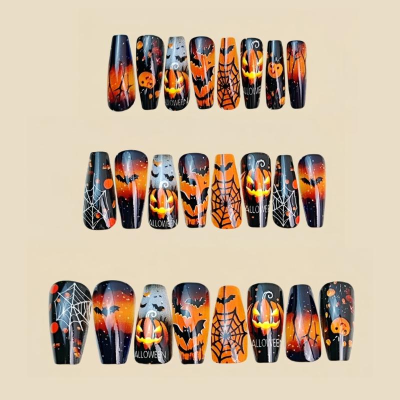 Halloween Press On Nail Medium Length Square Shape With Pumpkin Cobweb Design ABS Material For Party Costume Nail Art