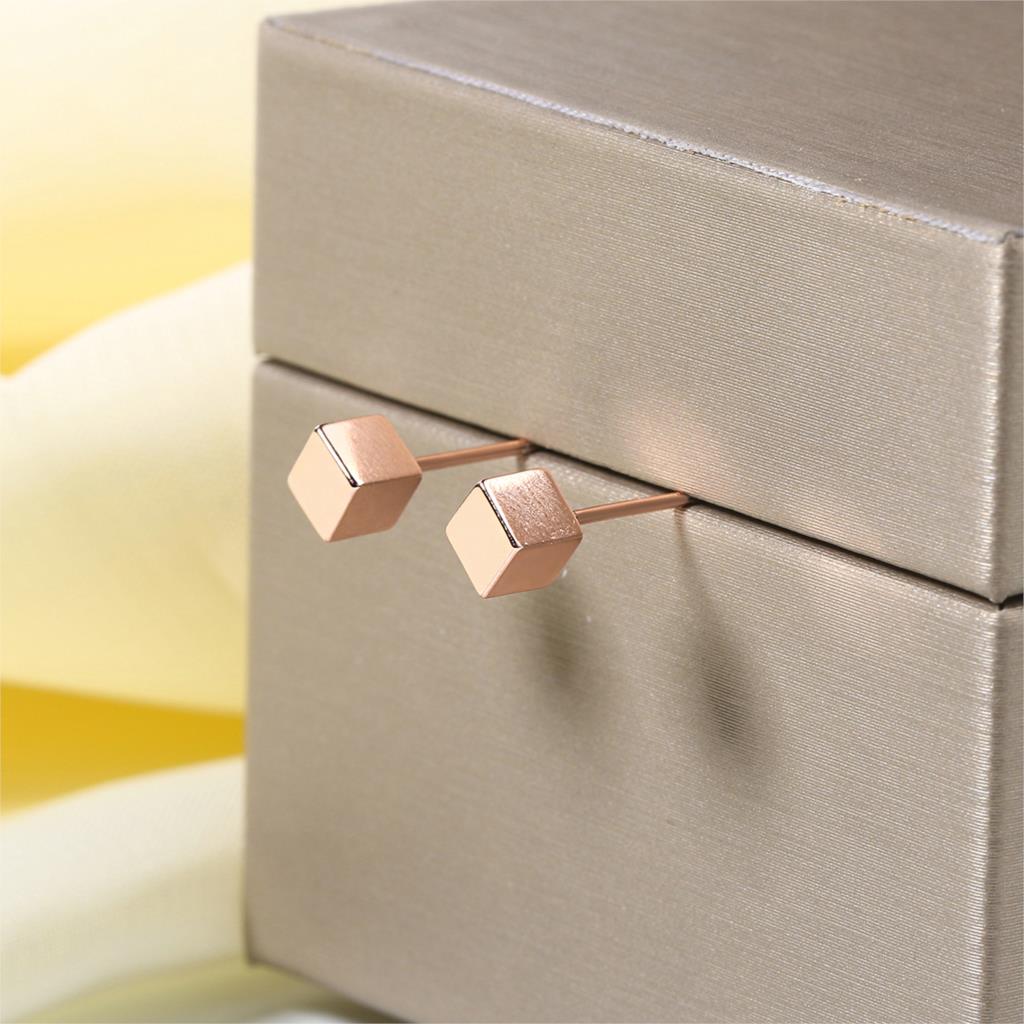 Simple Cute Cube Shaped Geometric Stud Earrings For Women Rose Gold For Female Daily Party Gift Jewelry E536
