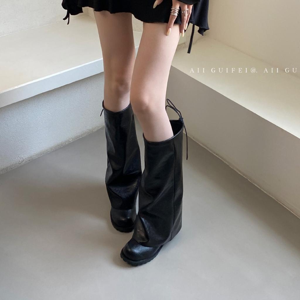 But knee-length knight boots women's 2025 new autumn and winter thin small pants boots thick heel folds pile up