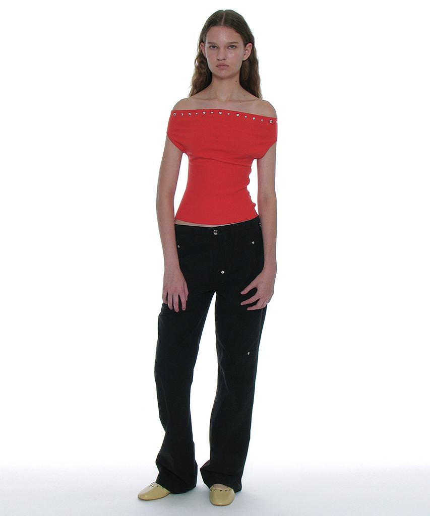 PARTIMENTO WOMEN Studded Off-Shoulder Knit Top_Red