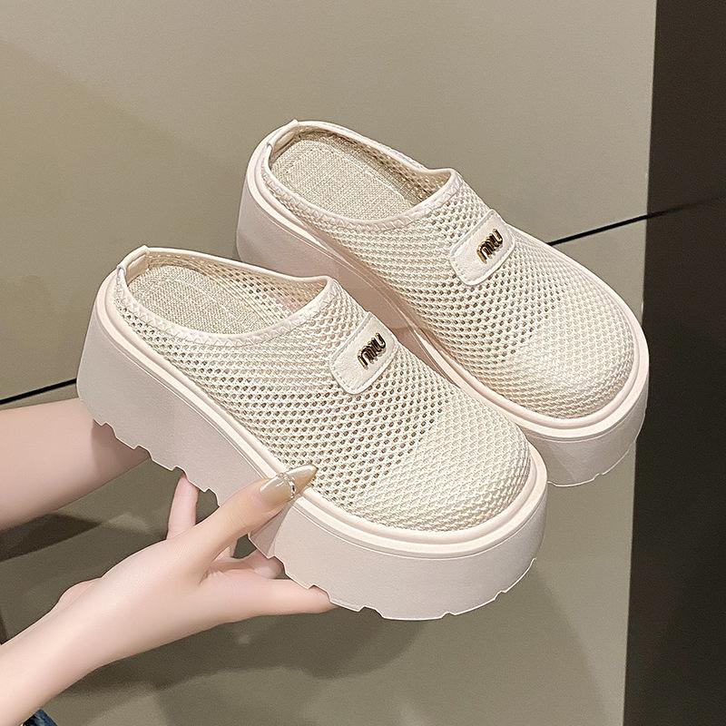 Single Shoes Women's 2025 New Summer Thick-soled Heightening Shoes Women's Small People Pedal Mesh Hollow Muffin Shoes