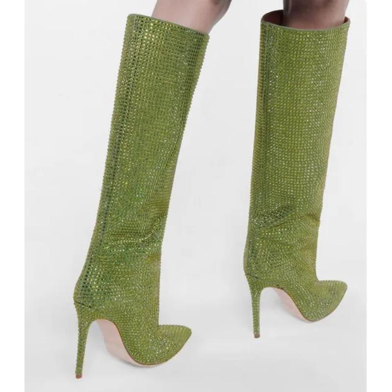 Soleist Rhinestone Women s High Boots Pointed Toe Slip-on Long Boots Women Boots High Heels Sexy Stiletto Ladies Party Shoes New 34 зелёный