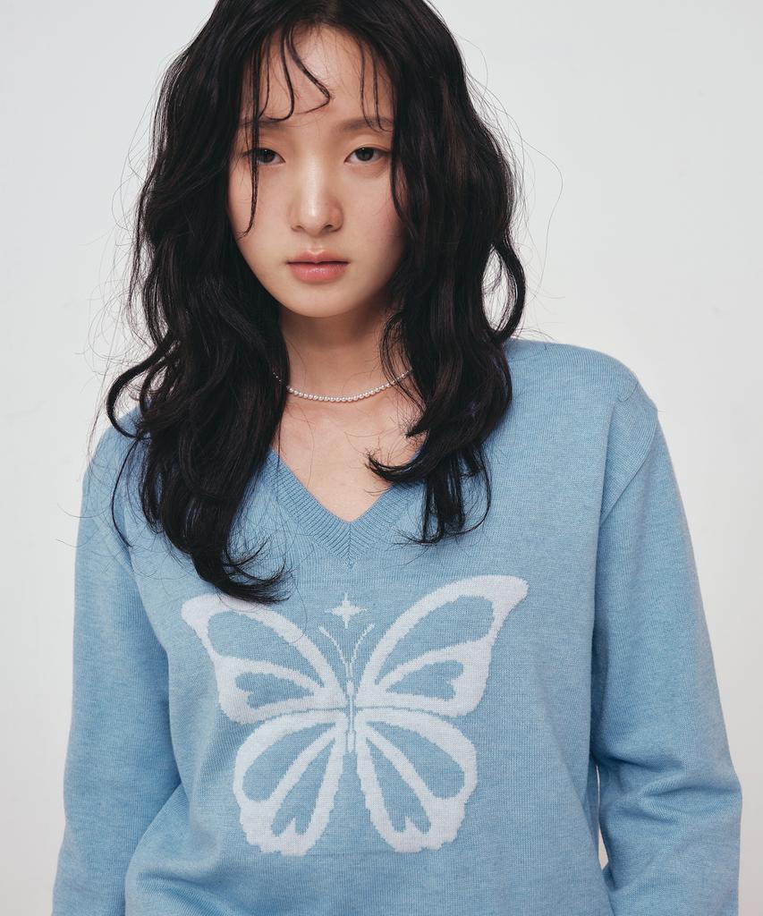 Nigaennikol Butterfly V Neck Jacquard Knit_Sky Blue