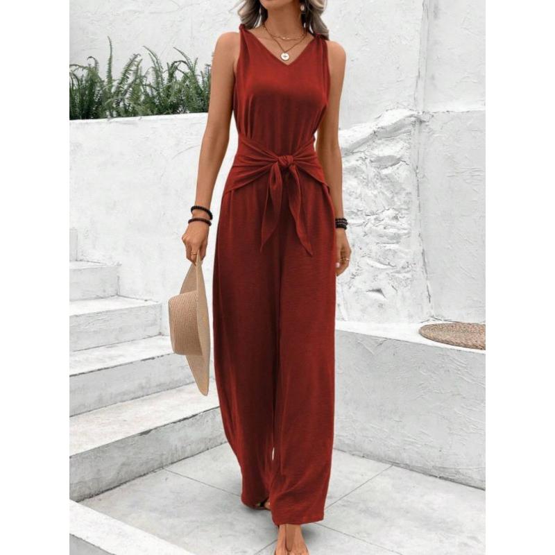 Fashion Solid Jumpsuit for Women Casual Sleeveless V Neck Lace-Up Wide Leg Pants Jumpsuits Lady Summer Holiday Womens Clothing