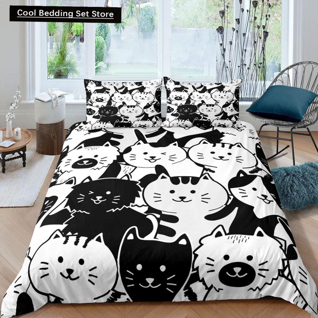Cute Cat King Queen Duvet Cover Kitten Bedding Set Purple Floral Butterflies Polyester Quilt Cover Pet Animal Comforter Cover