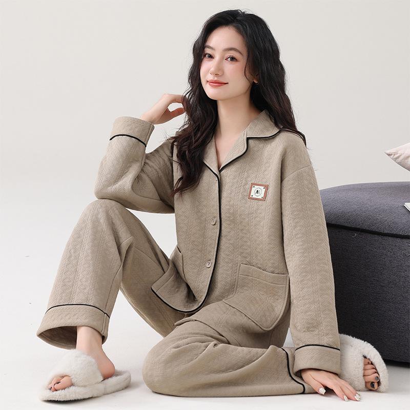 Pajamas Women'S Autumn And Winter Thickened Pure Cotton Long-Sleeved Sandwich Air Cotton Large-Size Warm Loungewear Set