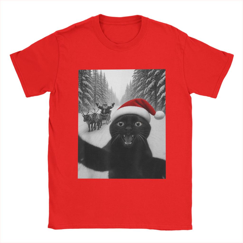 Lustiges Katzen-Selfie mit dem Weihnachtsmann Weihnachts-T-Shirts für Herren Tolle T-Shirts Kurzarm Rundhals-T-Shirts Neu eingetroffene Kleidung