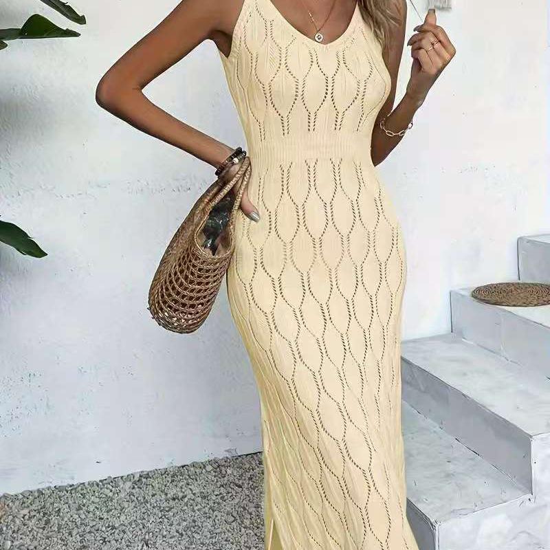 

Beige Crochet Knit Maxi Dress V Neck Sleeveless Side Slit Beach Cover Up Dress OneSize світло-жовтого кольору