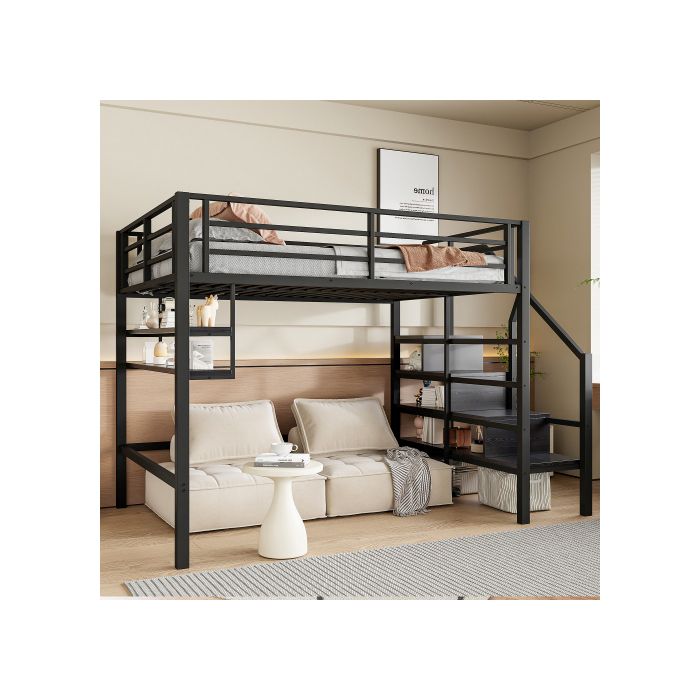 Lit Mezzanine, 140*200cm , Étagères, Échelle De Rangement, Espace Libre Sous Le Lit À Habiller, Garde-corps, Sans Matelas, Noir