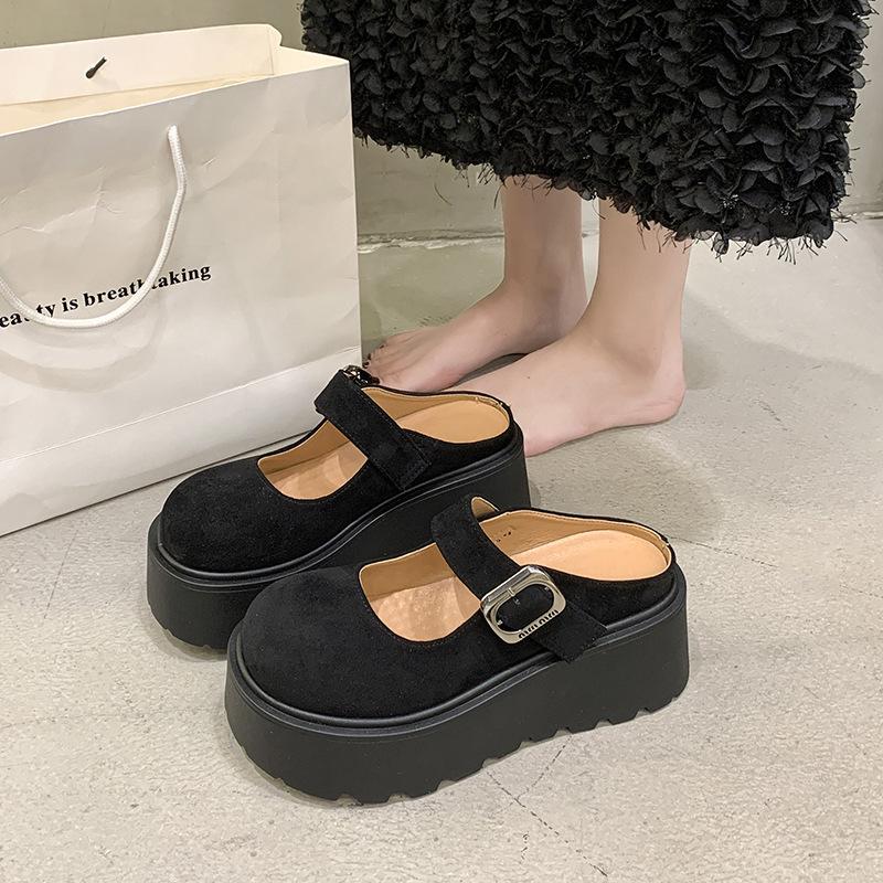 2025 Spring Muffin Thick-bottomed Bag Head Half Slippers Women Wear New Height-increasing Versatile Velcro Retro Cool Slippers