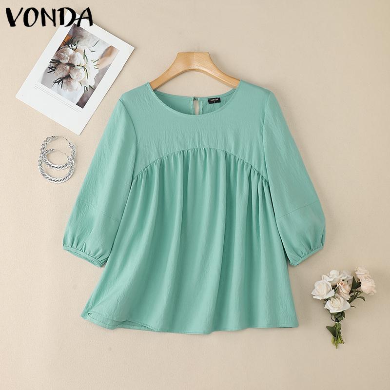 

VONDA Women Casual O-neck 3/4 Sleeve Solid Elegant Blouses Tops 3XL зелений